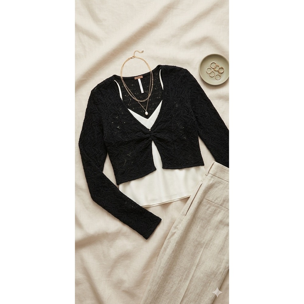 Free People Black Pointelle Knit Cropped Cardigan Coquette Shrug Top Small